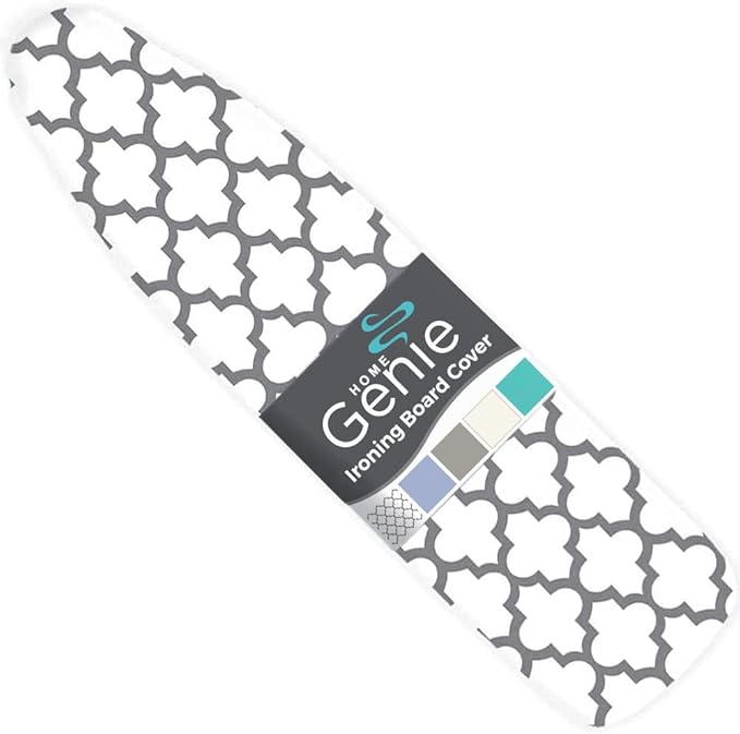 HOME GENIE Ironing Board Cover, Extra Thick Padding, Scorch Resistant Silicone Coating, 15x54 Elastic Edge Heavy Duty Iron Pad Covers Standard Boards, Hook and Loop Fastener Strap, Quatrefoil Gray