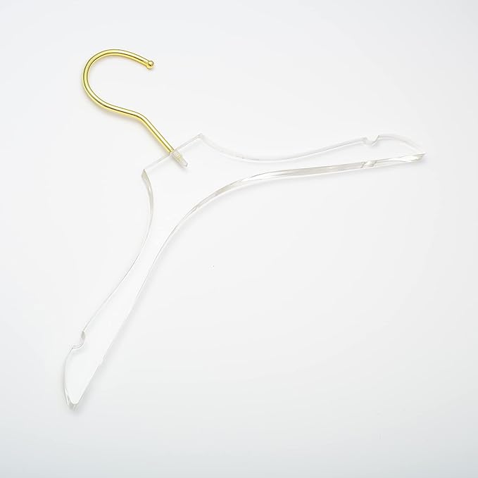HomeCube USA Clear Acrylic Clothes Hanger with Gold Hooks – Heavy Duty Lucite Closet Organizer, Elegant & Sturdy for Shirts, Dresses, Coats, Suits & Boutique Use (20, Small 13")