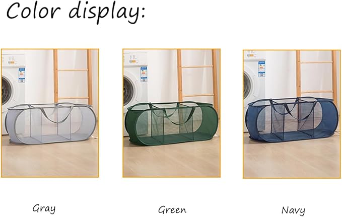 Mesh Laundry Hamper Basket, Sturdy 3 Compartments Laundry Basket, Foldable Pop up Laundry Hamper with Side Pocket for Laundry Room, Bathroom, Kids Room, College Dorm or Travel, Navy