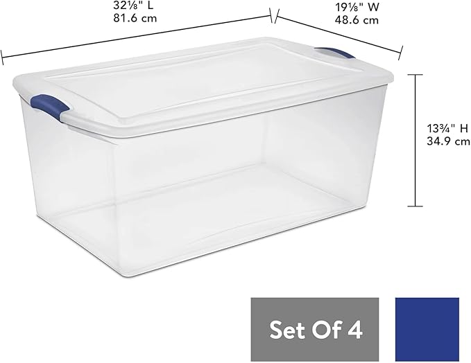 105 Qt. Latch Box Plastic Storage Bin Tote Organizing Container With Durable Lid, Stackable and Nestable Snap Lid Plastic Storage Bin, 1 Pack, Clear With Blue Buckle
