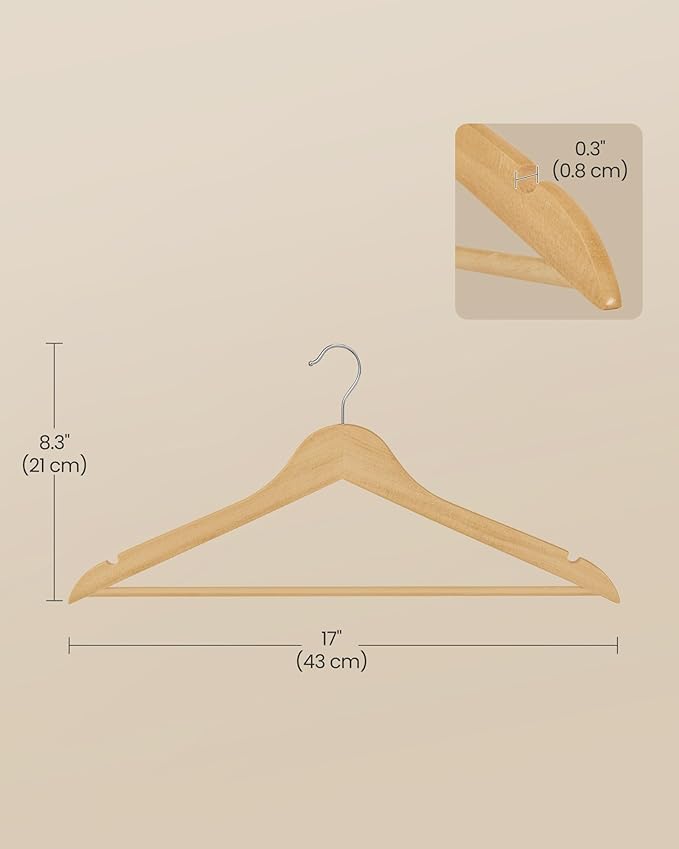 SONGMICS Wooden Hangers, Pack of 30, Coat Hangers, Pants Bar, 360° Swivel Hooks, Solid Birch Wood, Space Saving, for Jackets, Shirts, Coats, Natural Beige UCRW030K01