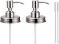 2 Pack Mason Jar Soap Dispenser Lids with Pumps, Rustproof Stainless Steel Lotion Dispenser Lids Replacement for 16 oz Regular Mouth Mason Jar Decor, 2 Brushes Included Silver