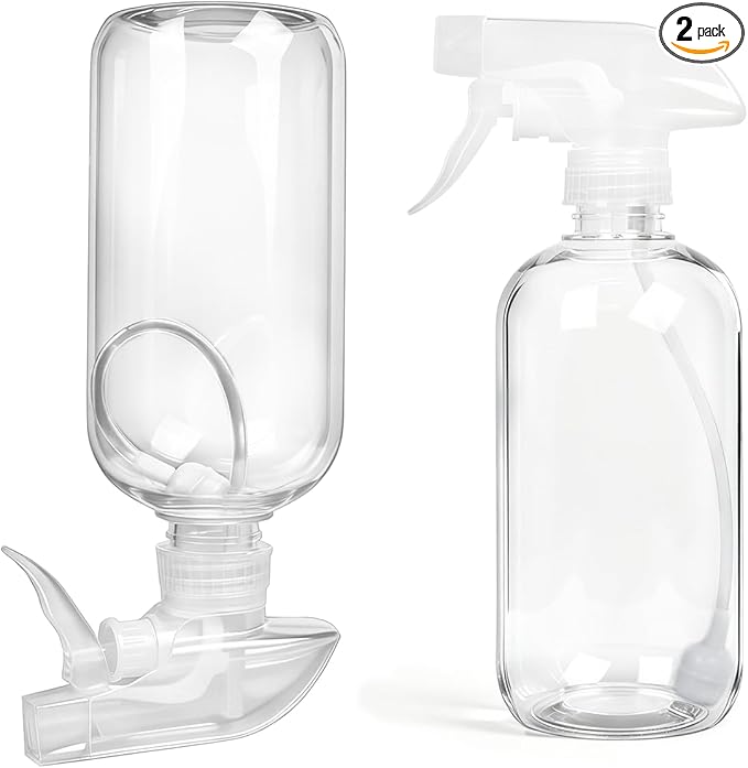 2 Pack 360° Spray Bottles, 16 oz Plastic Small Containers with Adjustable Spray Nozzles, Spray Bottles for Hair, Cleaning Solutions, BBQ and Plants Clear