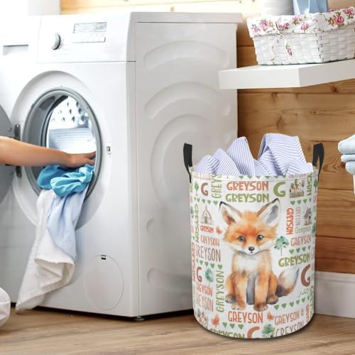 Fox Laundry Basket,Custom Laundry Hamper with Name,Personalized Fox Gifts for Boys Girls,Customize Collapsible Laundry Basket for Bedroom Bathroom,S-16.5"x 13.8"