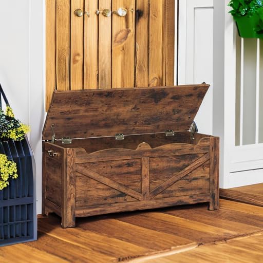 39.4" Storage Chest, Extra Large Storage Trunk with 2 Hinges, Wooden Box Bench, Lift-Top Organizer Chest, Shoe Bench for Entryway, Bedroom, Living Room, Rustic Brown SB04501X