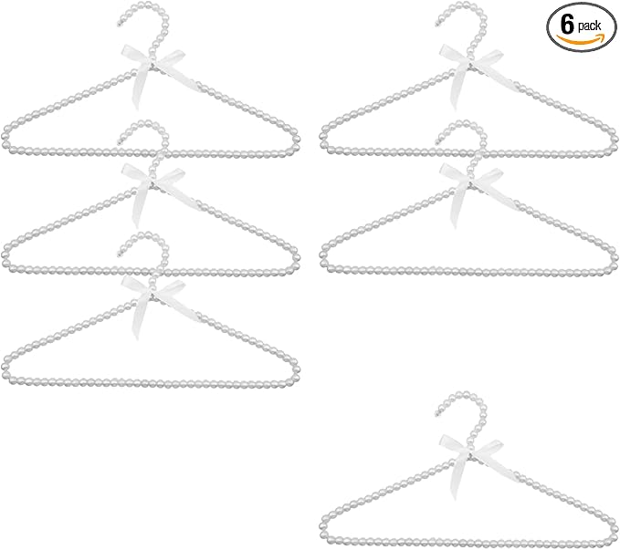 HEVSTIL 6 Pcs Heavy Duty Pearl with Ribbon Trim Hangers for Wedding and Engagement Gowns - Slim Design Also Can Be Used for Suits Shirts,White