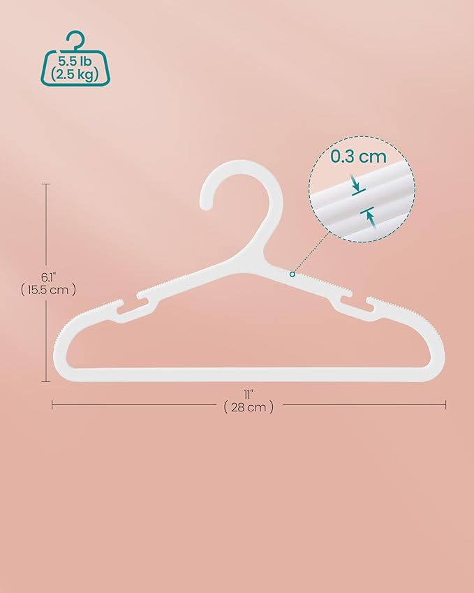 SONGMICS Baby Hangers 100 Pack, Plastic Kids Hangers for Closet, 11 x 6.1 Inches, for Children Aged 0-6 Years, Space-Saving, Non-Slip, Cloud White UCRP180W01