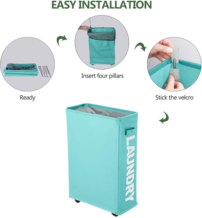 Slim Rolling Laundry Basket with wheel, IHOMAGIC Rectangle Storage Hamper - Thin Laundry Basket Corner Fittable Laundry Bin Flexible handle Laundry Sorter For Dormitory, Hotel, 39x18.5x58cm 41L, Blue
