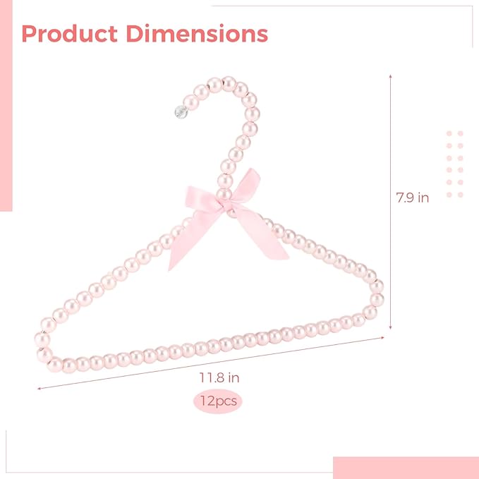 Pink 12 Pcs Pearl Beaded Clothes Hanger Mini Pearl Beads Small Metal Clothes Hangers with Ribbon Standard for Kids Baby Children Pet Dog
