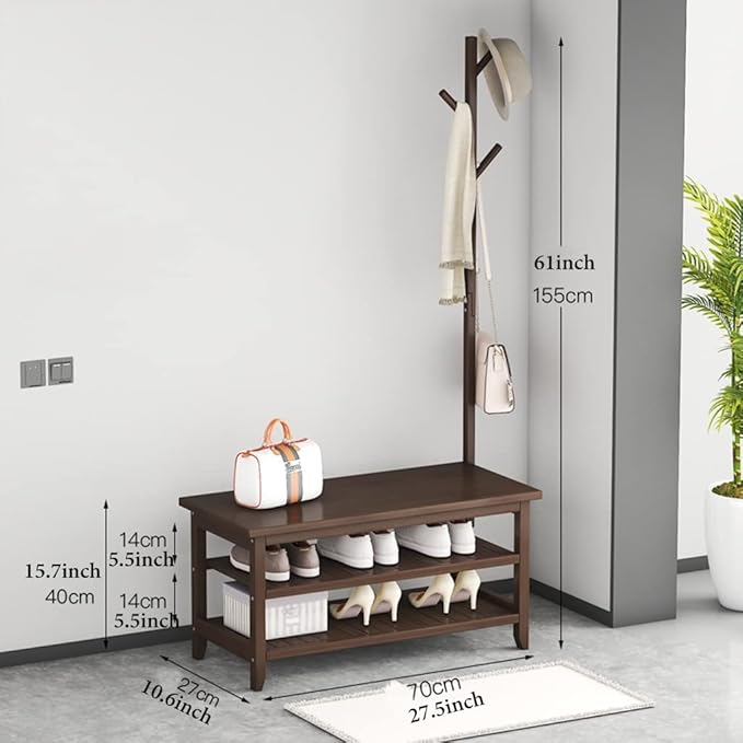 GIZNXBA Coat Rack Shoe Bench, Coat Rack Stand Wood, Hall Tree with Shoe Storage, 3-Tier Shoe Bench with 3 Hooks, Industrial Hall Tree for Hallway, Bedroom, Entryway (Size : 70cm)