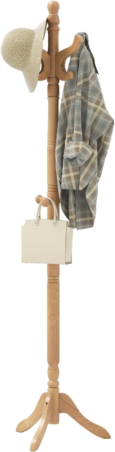 Giantex Solid Wood Coat Rack, Freestanding Hall Tree with 3 Adjustable Heights and 11 Hooks, Rubber Wood Frame, Entryway Hanger Stand, Wooden Garment Rack for Hallway, Living Room (Natural)