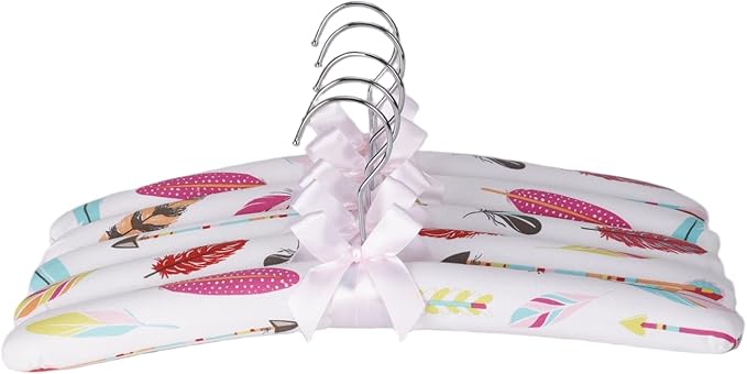 Anti-Slip Satin Padded Clothes Hangers with Rotatable Hooks No Shoulder Bump for Women Heavy Sweaters, Coats, Suits, Floral Pattern with Satin Bow, 360° Swivel Hook,Set of 10 (Feathers)