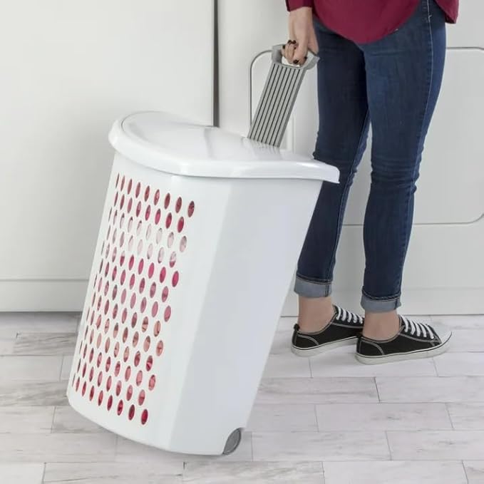 Wheeled Laundry Hamper with Handle for Easy Transport, White Plastic Clothes Hamper Basket with Lid