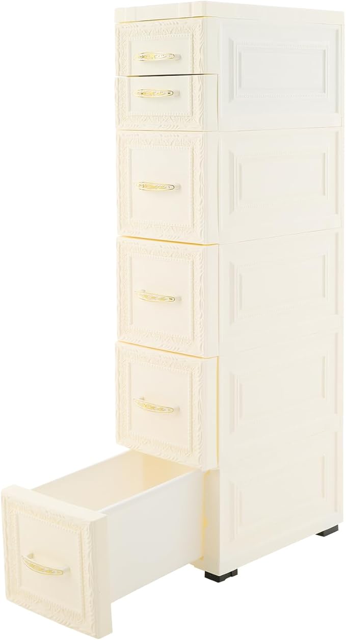6 Drawers Narrow Storage Cabinet with Wheels,Slim Floor Cabinets,Rolling Organizer Cart for Small Spaces,White