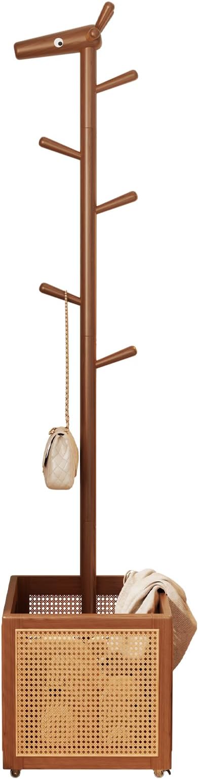 AQIMUELE Narrow Coat Rack，Coat Tree with Storage，Wooden Coat hanger with 6 Hook for Entrance, Bedroom, Living Room，Kids Coat Rack(Walnut)