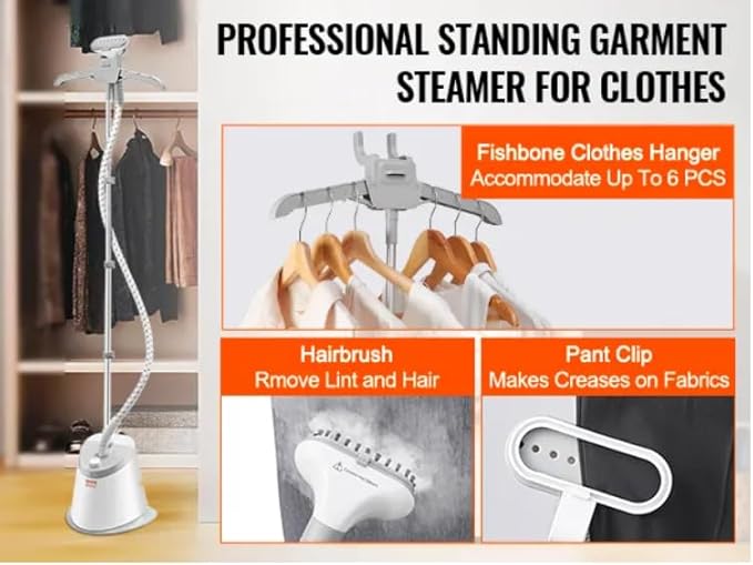 Standing Steamer with Garment Hanger, 1.7L Water Tank for 90min Continuous Steaming, Heats in 45 Seconds, Double-Insulated Steam Hose
