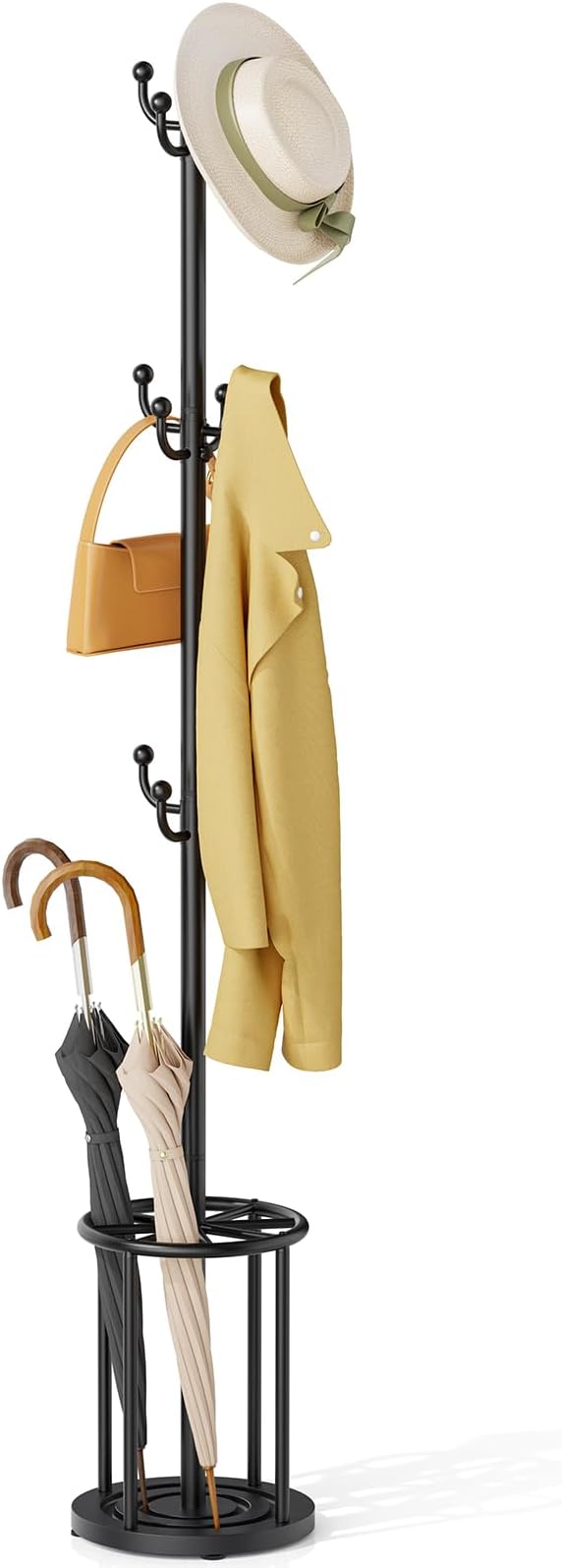 Coat Rack Freestanding, Black Coat Rack with Umbrella Holder, standing hat rack umbrella stand for entryway, coat hanger stand with 12 Hooks, office coat tree for Hat, Umbrella, jacket, Bag, Clothes