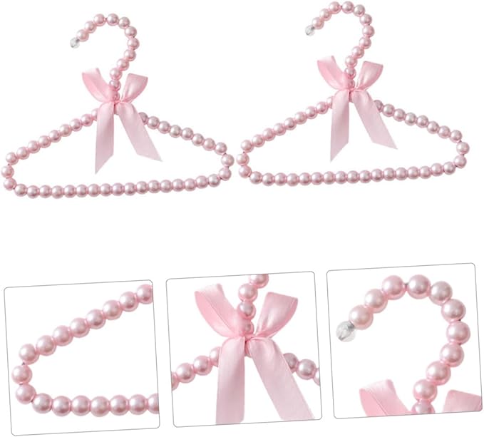 5pcs Pink Pearl Beads Small Clothes Hangers Faux Pearl Beaded Garment Hangers with Ribbon Bowknot for Pet Dog Cat Baby Clothing Trousers Jeans Skirts