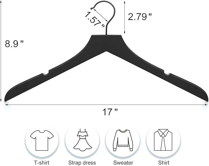 TOPIA HANGER Black Wooden Hangers, Rubber Wood Clothes Hangers with Rotatable Black Hook and Smooth Cut Nothces, Set of 12 for Coats, Suits, Jackets, Sweaters, Dresses - CTS01B
