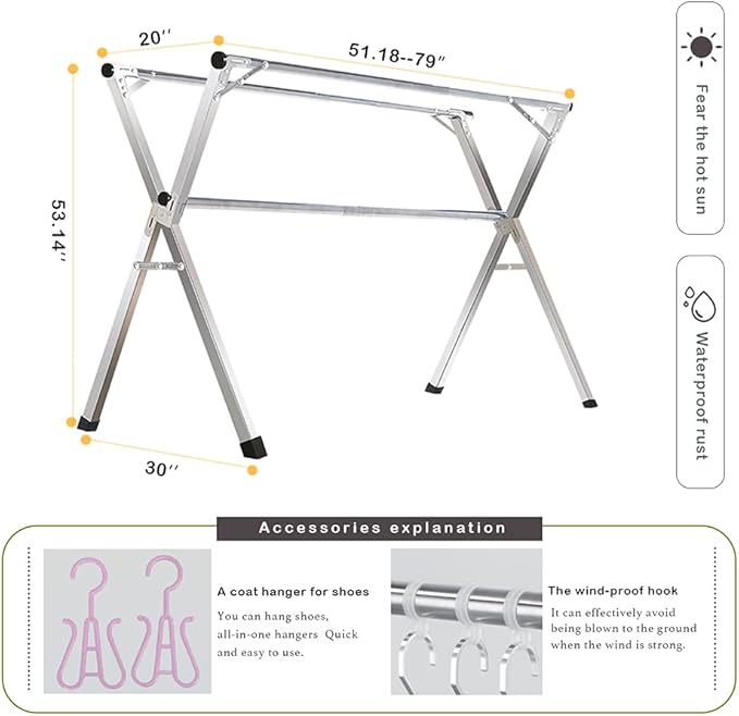 AIODE Clothes Drying Rack for Laundry Foldable, 79 inch Stainless Steel Pool Towel Rack Outdoor Free Standing Clothing Hanger Indoor