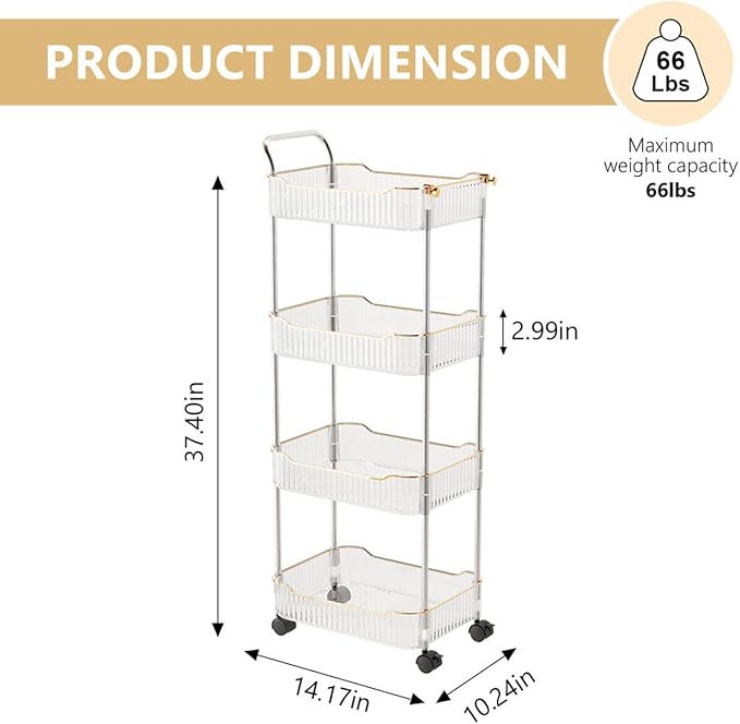 4-Tier Acrylic Rolling Storage Cart, Rolling Utility Cart, Kitchen Storage Cart with Wheels for Bathroom,Living Room, Kithcen, Office Storage and Organization (14''X10''X37'')(Clear)