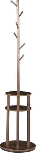 VECELO Coat Rack Freestanding, Entryway Hanger Stand, Umbrella Holder, Hall Tree With Hooks, Floor Standing Metal Tree Stand,Walnut, Medium-sized