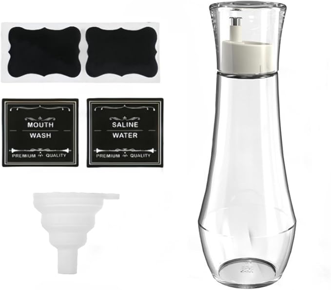 1 Pack Glass Mouthwash Dispenser for Bathroom, 8.8oz Mouth Wash Container Bottle with Lid Cup, Clear Refillable Bathroom Containers for Countertop/4 Pcs Label