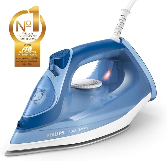 Philips Perfect Care 3000 Series Steam Iron - 1250 W power, 40 g/min continuous steam, 200 g steam boost, 300 ml water tank, blue (DST3031/20)
