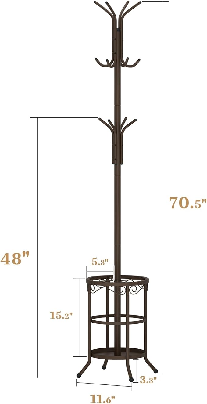 Coat Rack Freestanding With Umbrella Holder – Metal Hall Tree with 12 Hooks, Entryway Organizer for Hats, Bags, and Clothes (Brown)