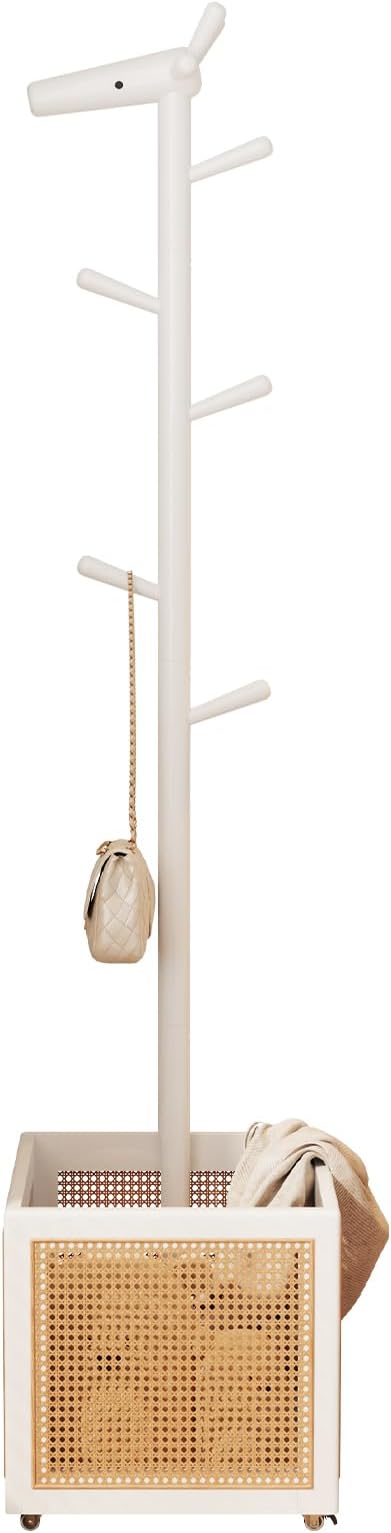 AQIMUELE Narrow Coat Rack，Coat Tree with Storage，Wooden Coat hanger with 6 Hook for Entrance, Bedroom, Living Room，Kids Coat Rack(White)