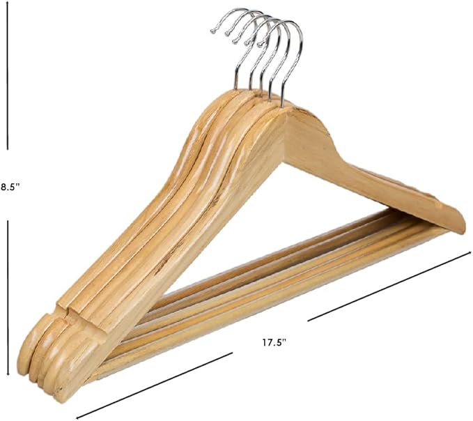 Home Basics 5 Pack Wooden Non-Slip Suit Hangers with Pants Bar – Smooth Finish Solid Wood Coat Hanger 360° Swivel Hook and Cut Notches for Jacket, Pant, Dress Clothes Hangers (Natural)