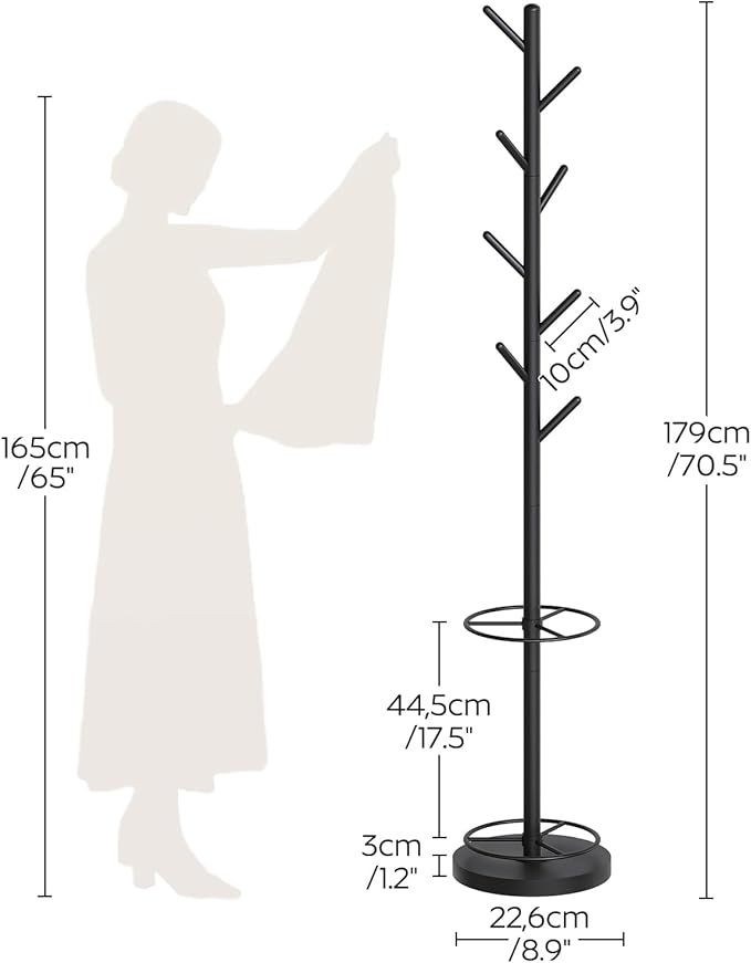 Coat Rack Freestanding, Coat Rack Stand with Umbrella Holder, Heavy Duty Coat Tree for Entryway, Modern Clothing Rack for Hats, Bags, Metal Coat Hanger Stand for Bedroom, Office, Black YM03BB