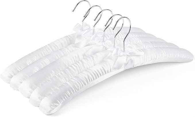 Amber Home 5 Pack 17 Inch Large White Satin Padded Hangers for Women Clothing, Anti Slip Cushioned for Sweaters, Silk Fancy Dress for Wedding, Delicate Cashmere
