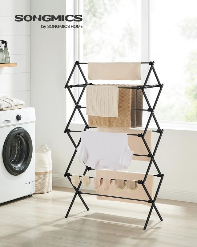 SONGMICS Foldable Clothes Drying Rack, Laundry Drying Rack, Clothes Airer, Steel Frame, 14.6 x 29.5 x 53.2 Inches, Easy Assembly, Indoor Outdoor Use, Black ULLR770B01