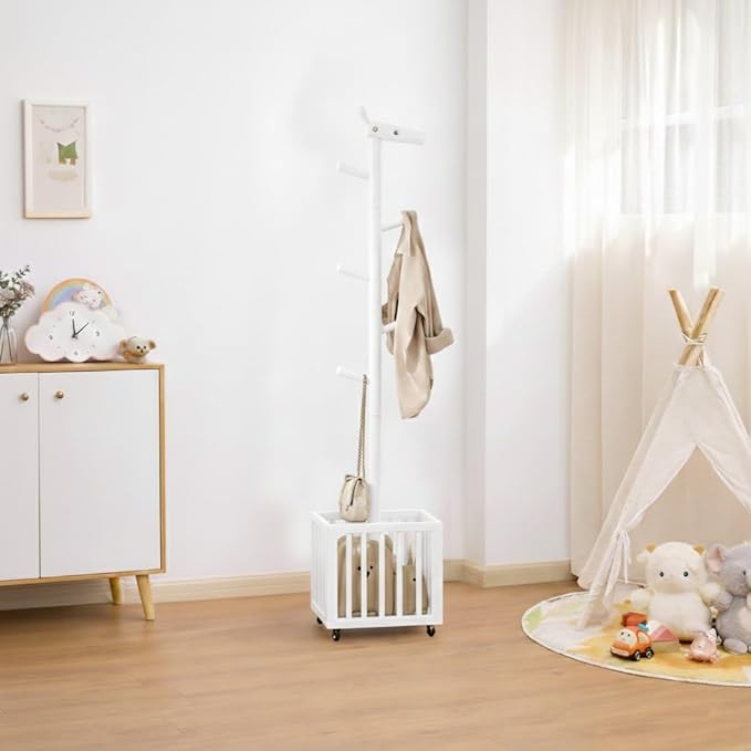 AQIMUELE Kids Coat Rack,Solid Wood Coat Rack with 6 Hook for Bedrooms,Kids clothing rack(White)