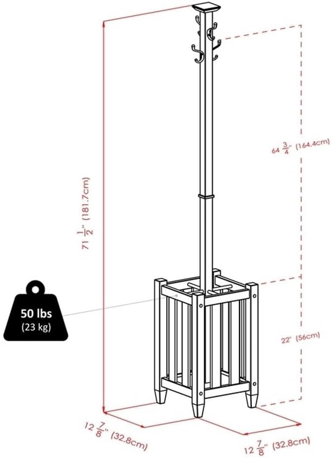 Pemberly Row Transitional Solid Wood Coat Tree and Umbrella Rack, 71.52" H, Cappuccino Finish, 4 Double Metal Hooks, Satin Nickel Hardware, Entryway or Hallway Storage