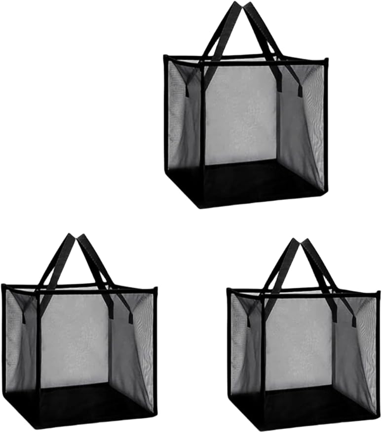 Laundry Hamper Bag with Handles,Portable & Collapsible Dirty Clothes Mesh Basket Foldable for Washing Storage, Kids Room,Dorm or Travel (Black,Single-Layer*3/Package)