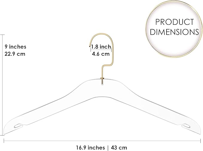 HomeCube USA Clear Acrylic Clothes Hangers with Gold Hooks – Heavy Duty Lucite Design, Elegant & Sturdy for Sweaters, Suits, Jackets, Shirts, Dresses & Boutique Use (10, Large 17")