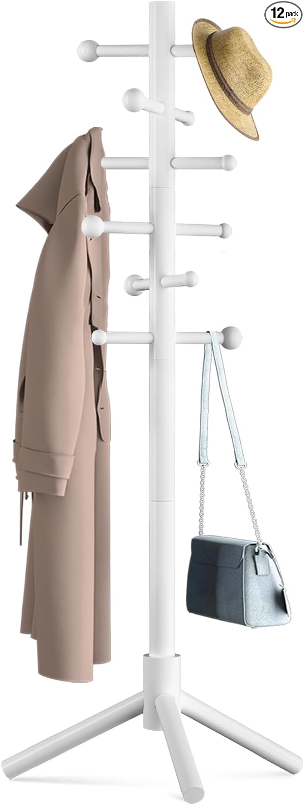Wooden Coat Rack Freestanding with 12 Hooks 3 Adjustable Heights，Standing Coat Rack Tree for Hat and Coat Rack for Small Spaces Entryway,Office,Bedroom,White