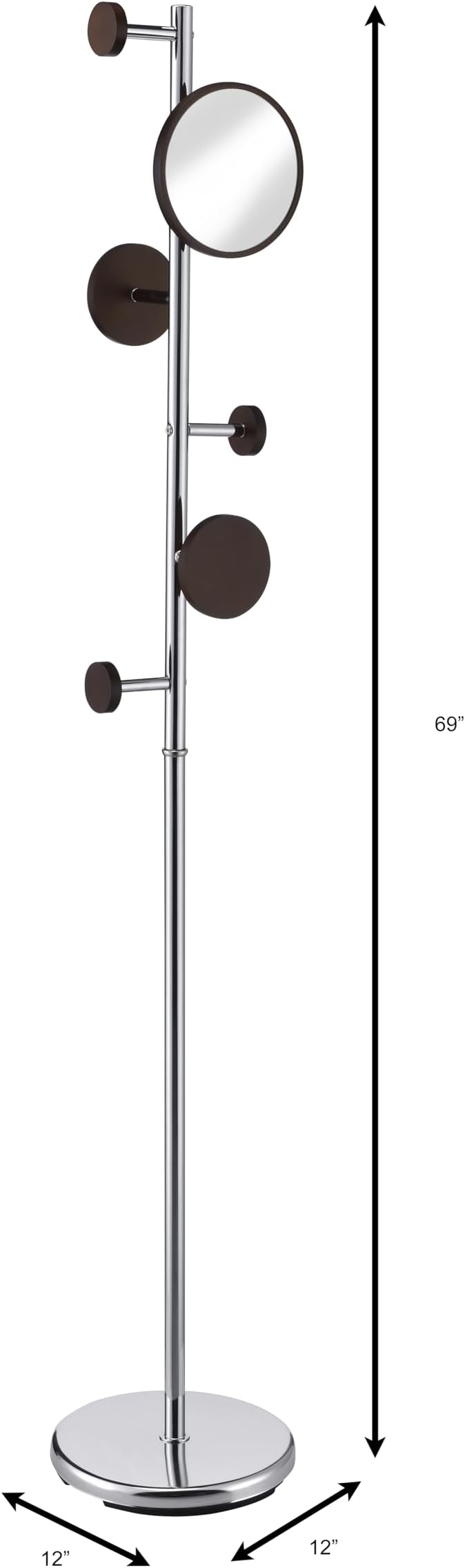 Proman Products Milano Silver Metal Freestanding Coat Rack, Coat Tree with 6 Walnut Color Hooks Included a 7" Mirror for Living Room, Bedroom, Entryway, Office, mudroom