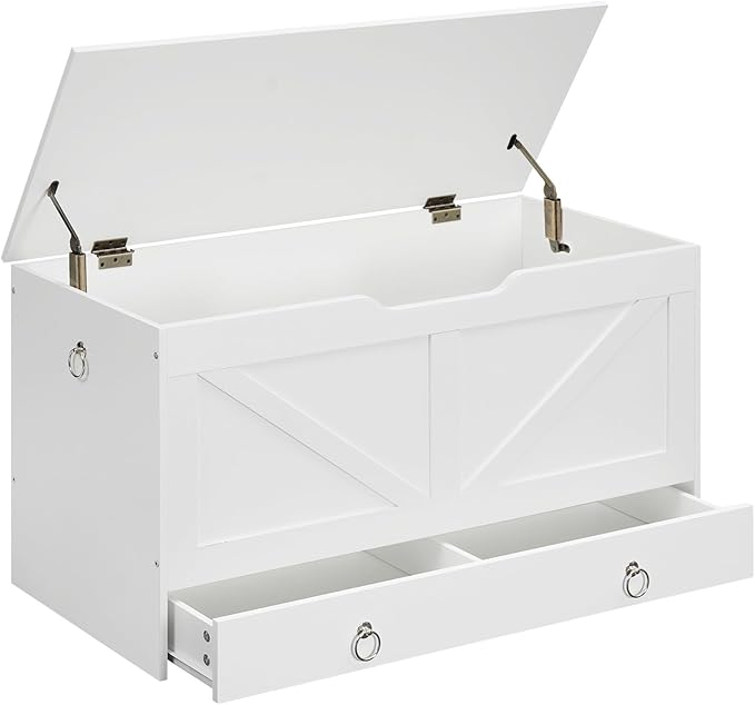 HOOBRO Storage Chest, 39.3" Toy Chest with Drawer, Wooden Storage Bench, Sturdy Entryway Bench Supports 220 lb, Shoe Bench, Safety Hinge, U-Shaped Opening, Easy Assembly, White WT710CW01G1