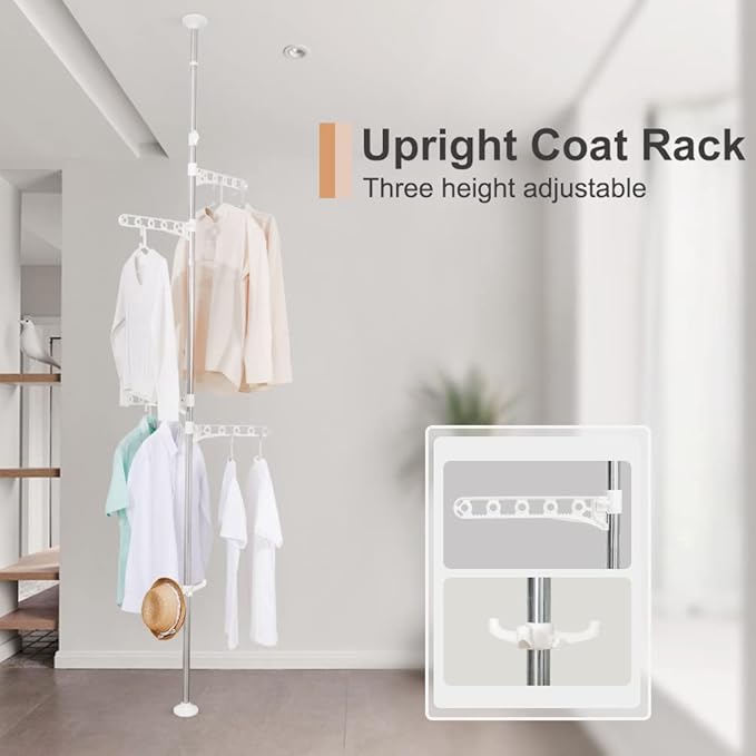 BAOYOUNI Corner Laundry Pole Coat Tree Hanger Telescopic Clothing Drying Rack Floor to Ceiling Tension Shelf Rod Metal Storage Organizer Stand with 4 Arms & 1 Hook - Ivory