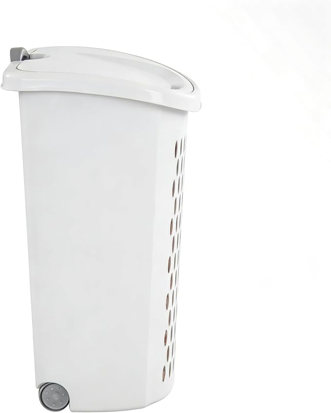 White Laundry Basket, Laundry Hamper with Lid & Wheels, Hamper with Retractable Handle, Ventilated Hamper Basket for Bedroom, Bathroom, and Laundry Room, School Dormitory