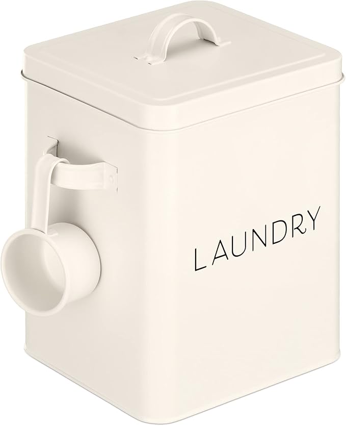 Navaris Laundry Detergent Container with Scoop - Powder Laundry Soap Tin - Vintage Style Metal Organizer Canister Box with Lid and Handles - White