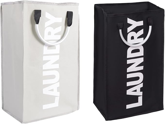Laundry Basket, Durable Handles for Easy Carry, Collapsible Cloth Baskets, Hampers for College Dorms, Foldable Fabric Hamper Bags (1 Black & 1 Light Gray)