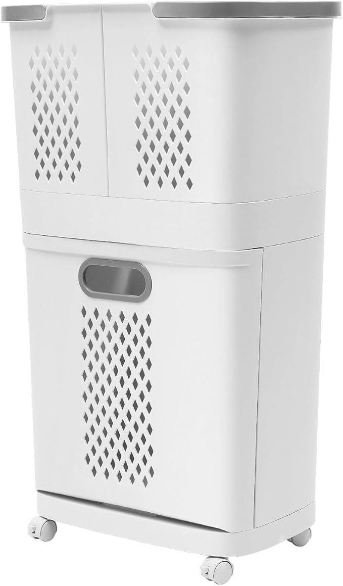2 Tier Rolling Laundry Hamper Sorter, Removable Laundry Basket Cart with Wheels and Handle Removable Clothes Hamper Organizer White Portable Storage Baskets with 3 Deep Baskets for Bathrooms