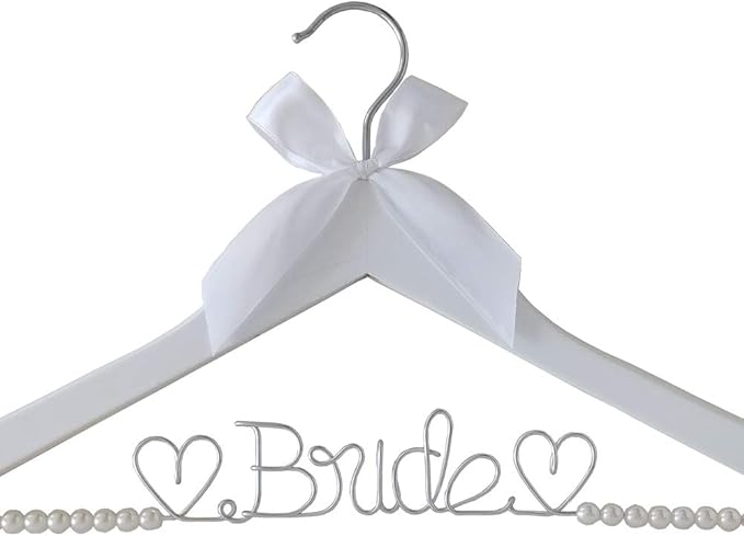 The Bride's Wedding Gift, Wooden Wedding Dress Gown Hanging Wire Letter Hanger (White and Silver Thread with Pearls)