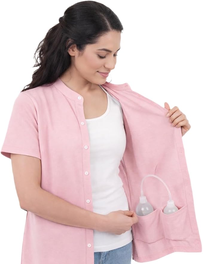 USBD Post Mastectomy Shirt with Drain Pockets Band Collar Post Op Recovery Tops