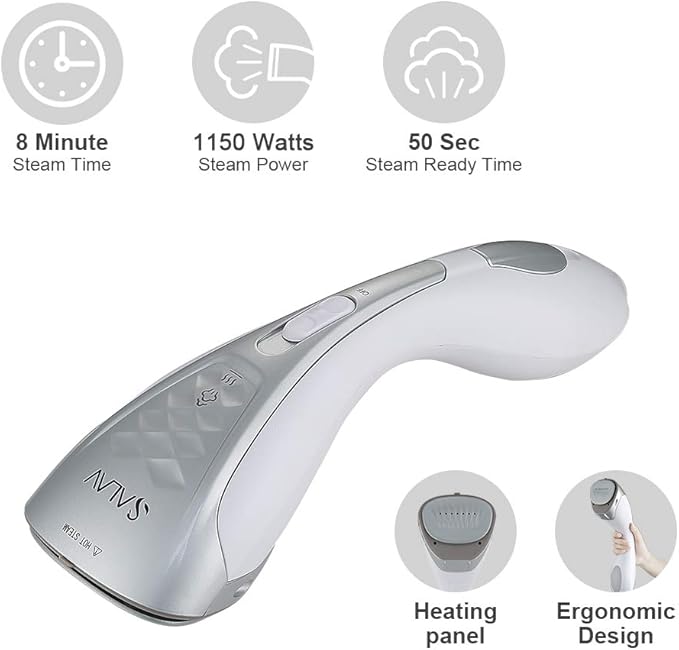 SALAV Steamer for clothes Handheld Iron 2 in 1, 2 Steam Settings, for Both Vertical and Horizontal Garment Handling, Ceramic Coated Metal Steam Panel, 150 ml Big Water Tank, 1150 Watt Silver
