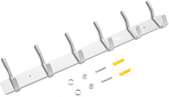 Wall Mounted 16 inch Coat Hanger Rack 6 Hooks Aluminum Alloy Silver for Kithchen Bathroom